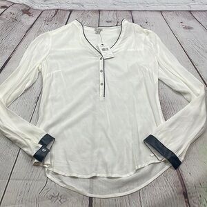 NWT Guess White chiffon Henley faux leather detail XS